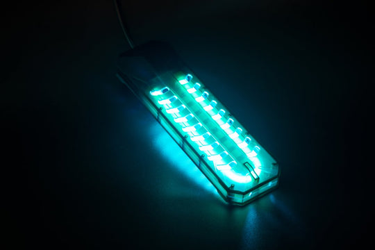 A close-up photo of a UV light on a black background.