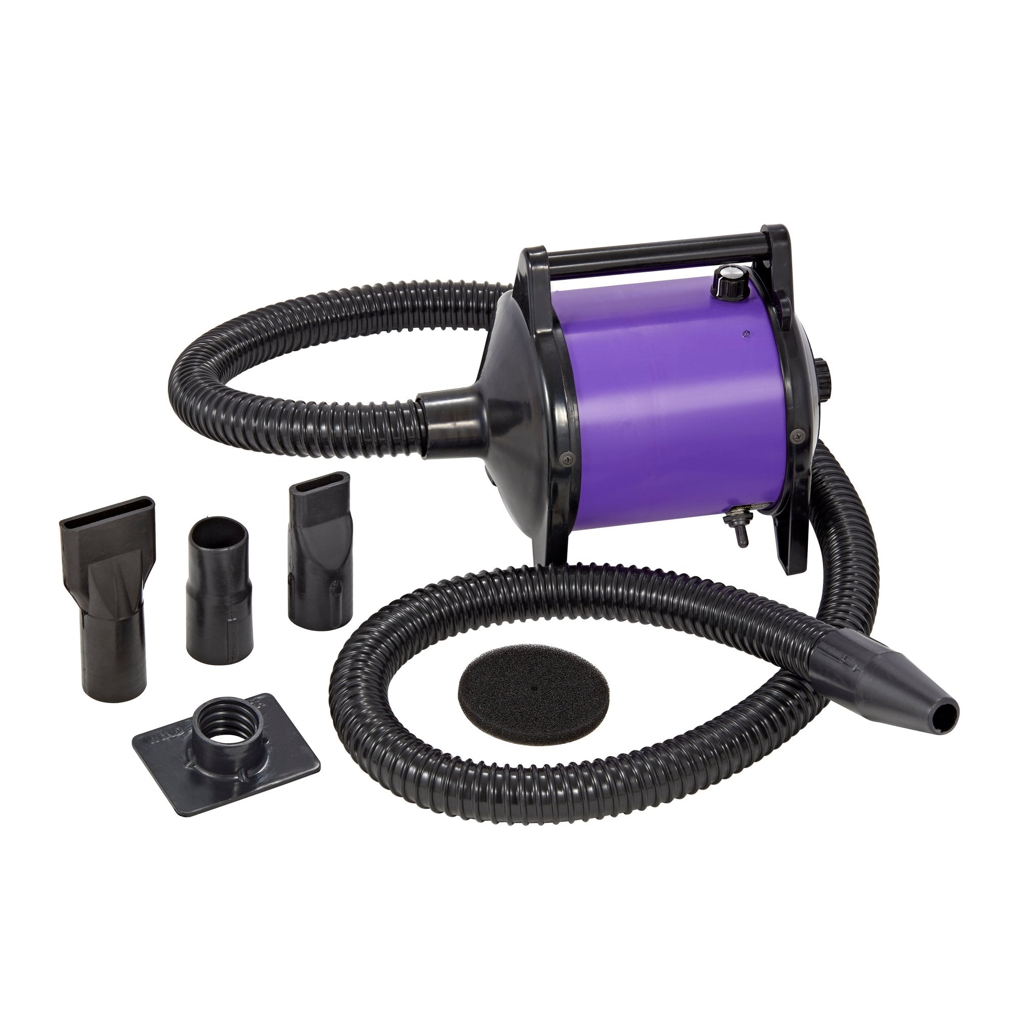 GustyAir Mini High Velocity Portable Dog Hair Dryer in purple with parts