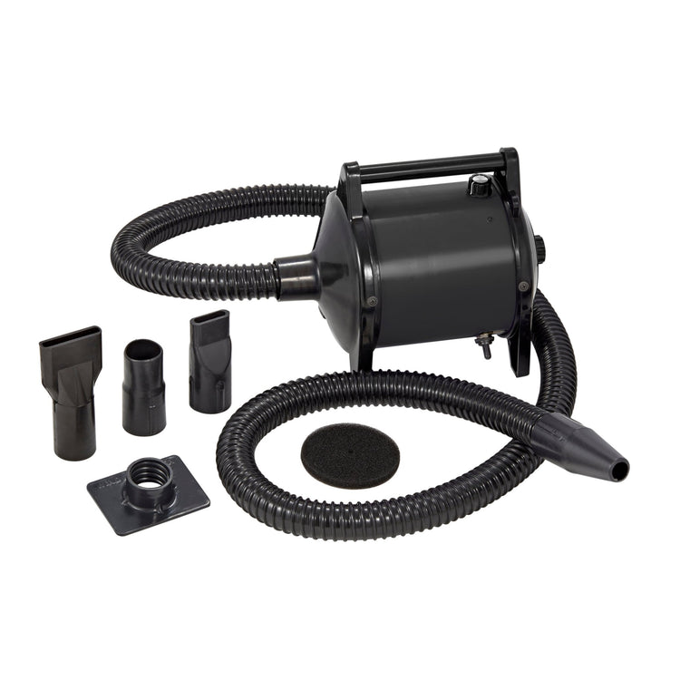 GustyAir Mini High Velocity Portable Dog Hair Dryer in black with parts