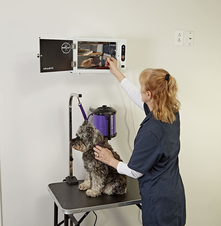 Woman placing parts in oven UVC sanitizer