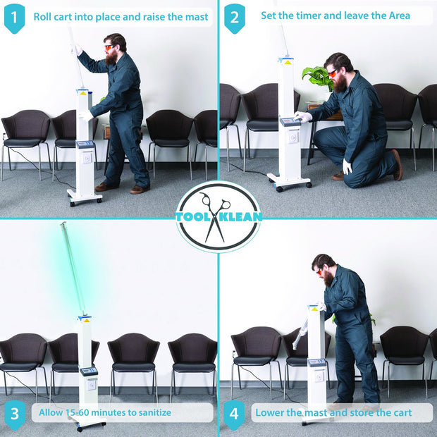 Steps to use the Tool Klean Rolling UVC Cart Sanitizer