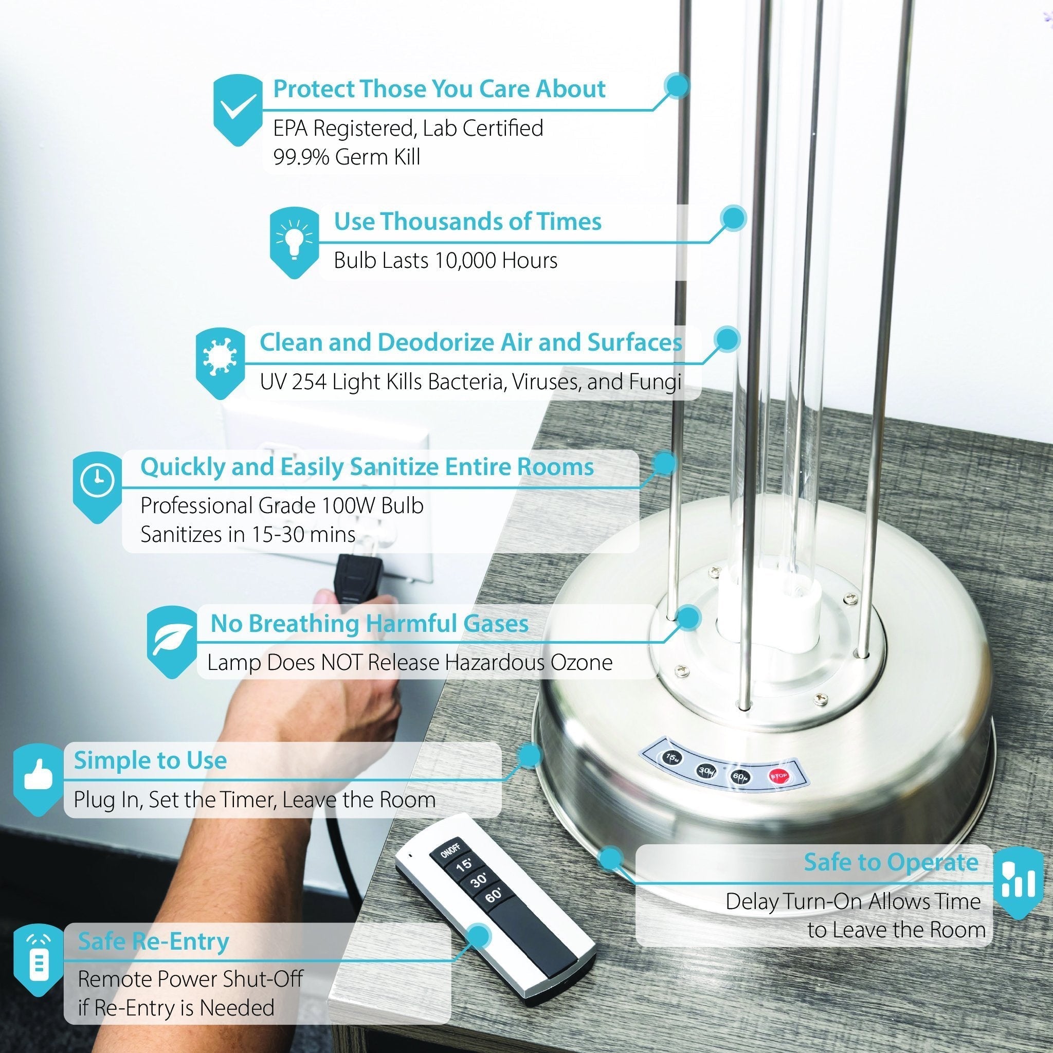 UV Sanitizer Lamp - 100W Stainless Steel Whole Room Sanitizer (Remote not included)